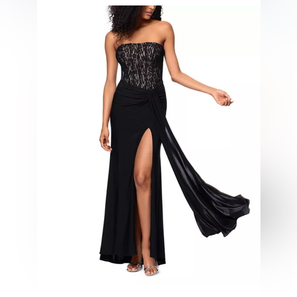 Aqua Strapless Black Lace Gown